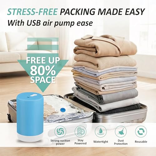 Image of Cozy Essential Travel Vacuum Storage Bags with Rechargeable Cordless USB Pump, Space Saver Bags for Luggage, Suitcase, Carry-On, for Clothes, Blankets, Bedding & Seasonal Storage,8 Combo