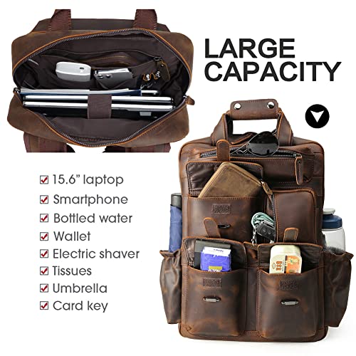 Masa Kawa Genuine Leather Backpack For Men Vintage 15.6 Inch Laptop Bag Multi Pockets Rucksack Casual Travel Daypack Brown #TOP3