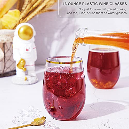 Ipsw 16Oz Plastic Stemless Wine Glasses W/Gold Rim - Unbreakable Disposable Cocktails & Scotch Tumbler,Crystal Shatterproof Drinking Glassware Goblet For Homes,Outdoor,Wedding, Anniversary - Set Of 6 #TOP4