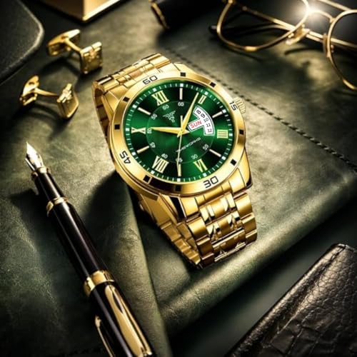 Image of TIMEWORKS Stainless Steel Designer Golden Round Shape Day & Date Dial Men's & Boy's Analog Watch, Band Color:Gold