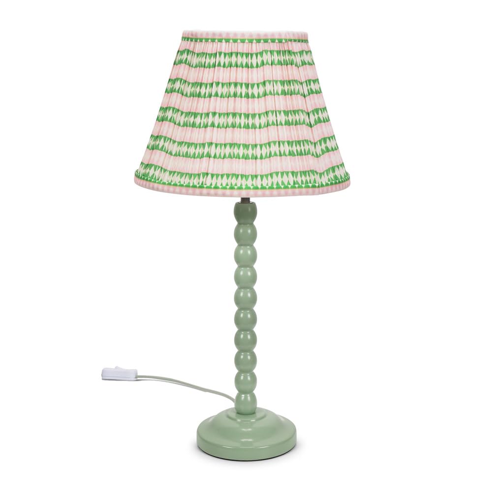 ValueLights | Sage Green Bobbin Stem Table Lamp with Pink Aztec Pleated Shade | Home Décor, Bedside & Desk Lamp