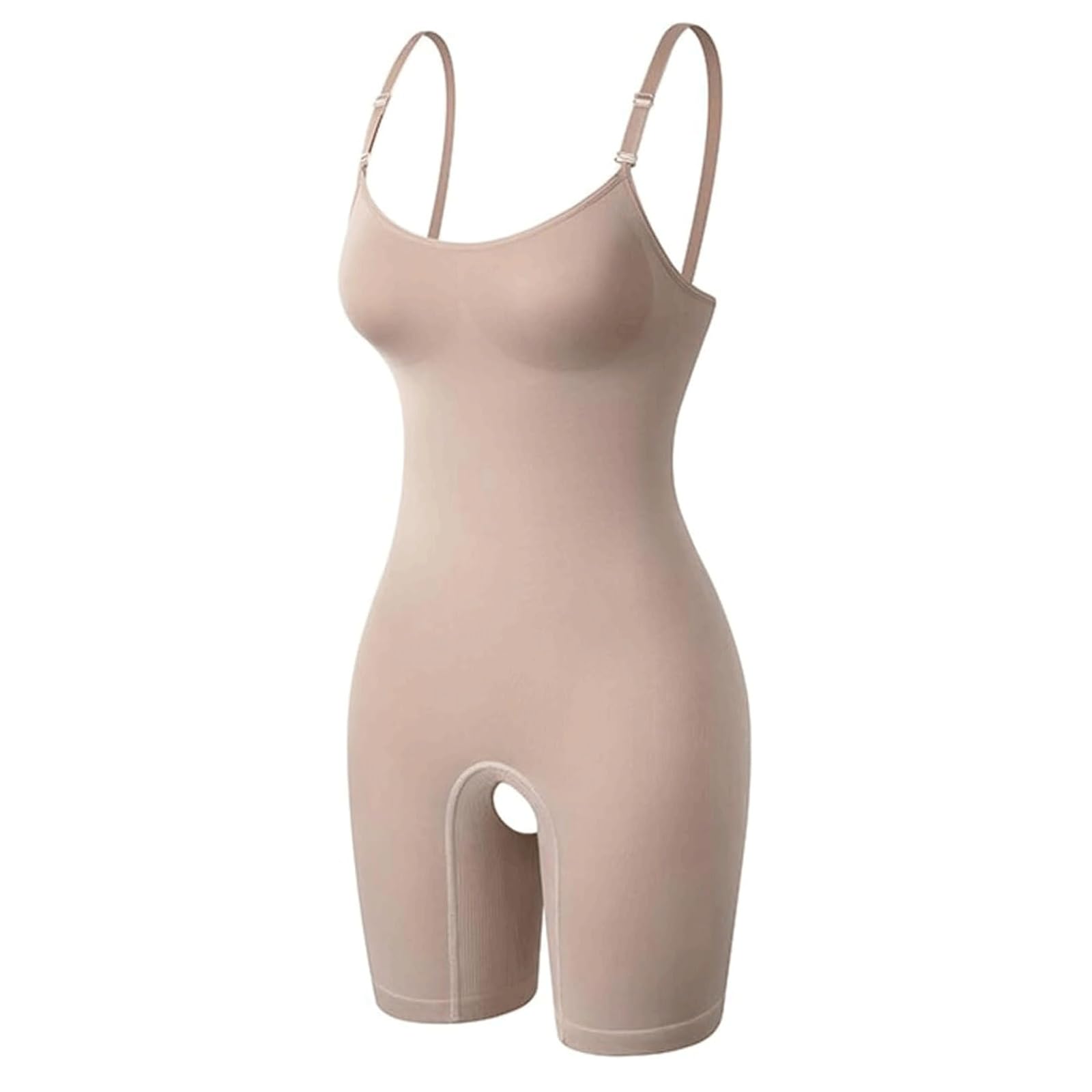 GddOGUK Women Bodysuit Shapewear with Open Crotch,Adjustable Spaghetti Strap Tummy Control Butt Lifter Compression Mid Thigh Body Shaper(Beige,M)