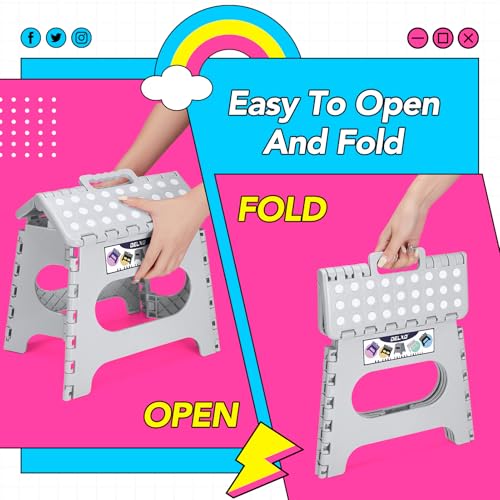Image of Delxo Folding Step Stool, 11 inch Non-Slip Foldable Stools for Kids & Adults Up to 300 LBS, Step Stool with Handle, Lightweight for Kitchen, Bathroom, Bedroom, Garden, Grey, 1PC