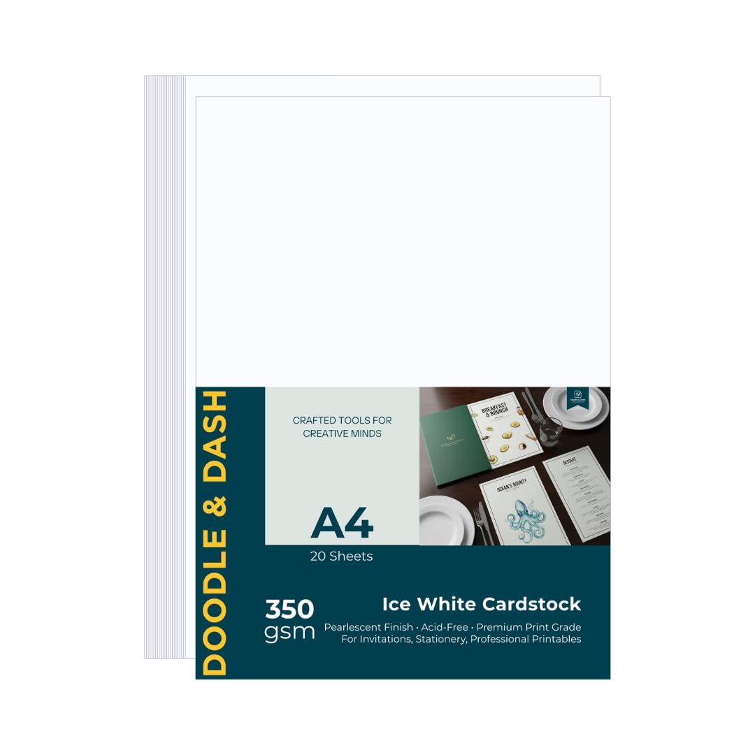 Doodle & Dash A4 Pearlescent 350gsm Card – Ultra Thick White Shimmer Cardstock – Luxury Wedding Invitations – Heavyweight Pearlised Paper for Inkjet Printing (Manual Feed) & Crafts – 20 Sheets