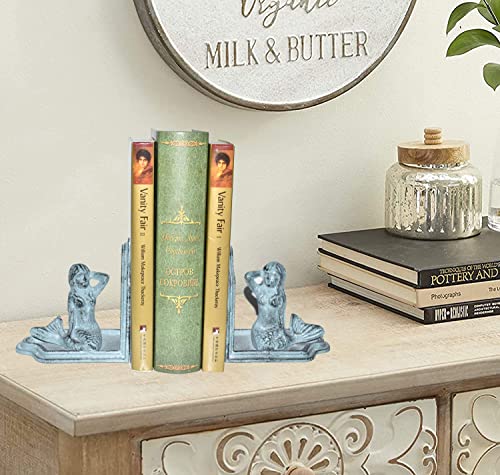 Mermaid Decorative Bookends For Shelves, Heavy Duty Cast Iron, Book Ends For Home Office Decor, Antique Blue #TOP4