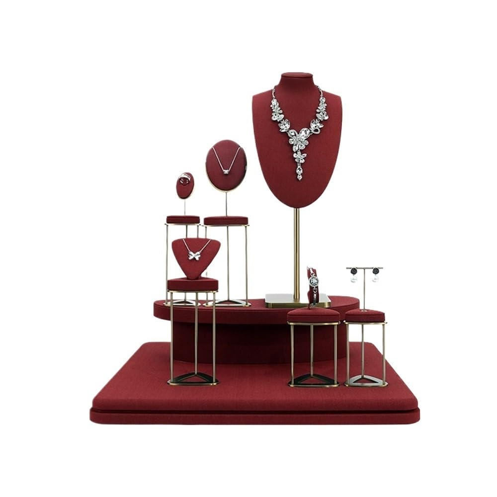 CJHFR472SG Jewelry Organizer Stands Red Velvet Jewelry Display Set - Bust & Ring Stand for Retail Counter Shop Window Jewelry Display Stand