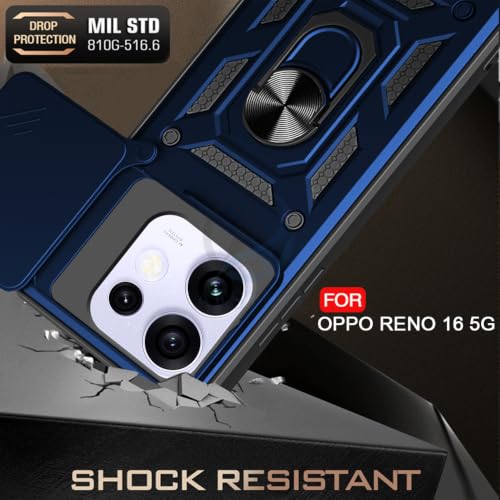 Image of AESTMO Tough Armor Oppo Reno 16 5G Bumper Back Case Cover | Ring Holder & Sliding Camera Shield Cover | 360 Degree Protection Back Case Cover for Oppo Reno 16 5G (Blue)