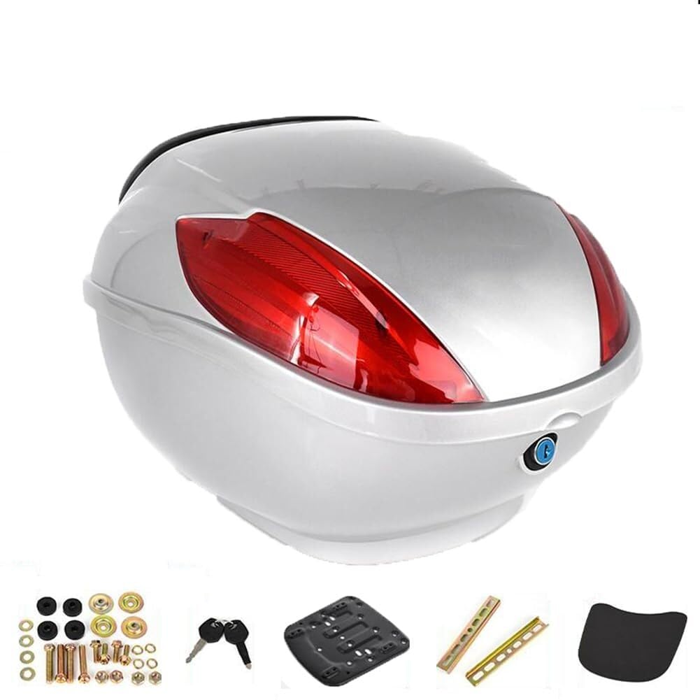 Bauletto superiore per moto e scooter, 33 l, in polipropilene rigido, impermeabile, con serratura, schienale imbottito e catarifrangenti, per casco e bagagli, montaggio universale (argento)