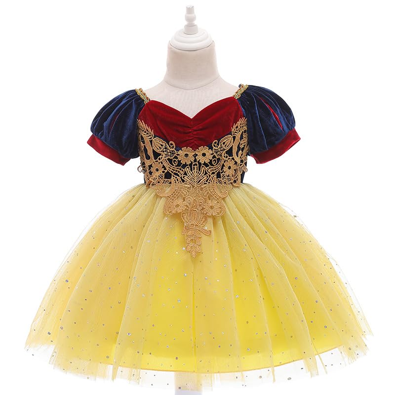 Girls Princess Dress, Girls Blue and Yellow Velvet Deluxe Lace Embroidered Ball Gown3