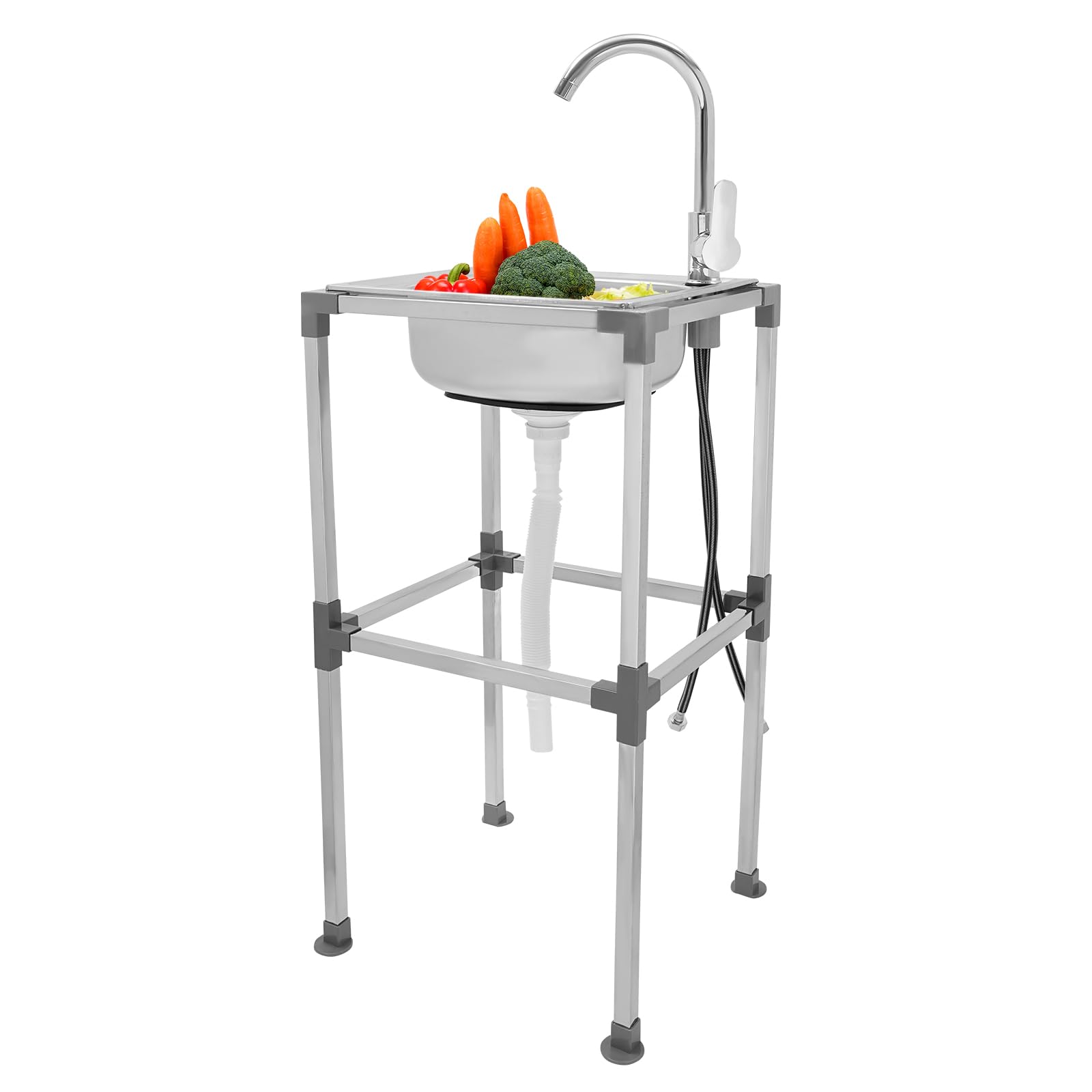 Lavello con base 201, in acciaio inox, autoportante, con rubinetto per acqua calda e fredda, capacità di carico 60 kg, con rubinetto a 360°, lavandino da campeggio (38 x 33 x 75 cm)