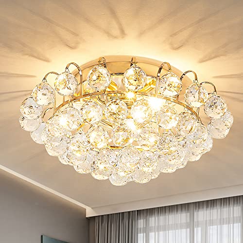 Gopmmy Crystal Ceiling Light Fixture,15.7" Modern Flush Mount Chandelier Round Golden Crystal Lighting Fixture For Hallway Bedroom Kitchen Entryway Bathroom #TOP2