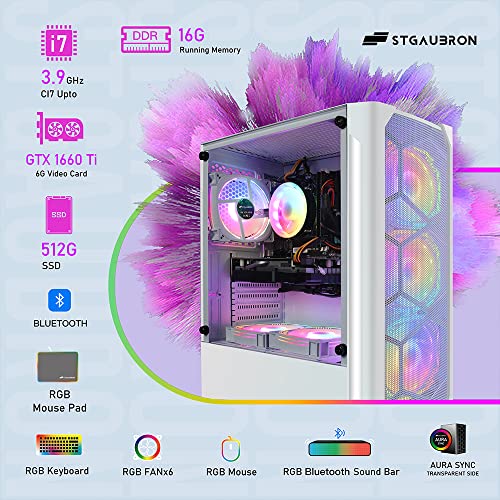 Stgaubron Gaming Diamond Desktop, Intel Core I7 3.4 Ghz Up To 3.9 Ghz, Gtx 1660 Ti 6G Gddr6, 16G Ram, 512G Ssd, Wifi, Bt 5.0, Rgb Fan X 6, Rgb Keyboard & Mouse, Rgb Mouse Pad, Rgb Bt Sound Bar, W10H64 #TOP4