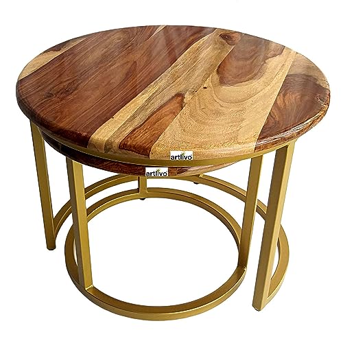 Image of Artlivo Solid Sheesham Wood Round Coffee Table - Set of 2 (22 /17 inch Dia) for Living|Drawing|Bedroom|Office|Balcony|Gift|Diwali|Wedding