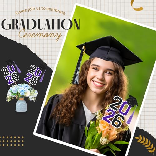 Image of 10 Pcs Graduation Table Centerpieces Sticks with Tassels, class of 2026 Grad Cap Picks Table Decoration Cupcake Toppers for Party Centerpiece Decoration Supplies(Black and Purple)