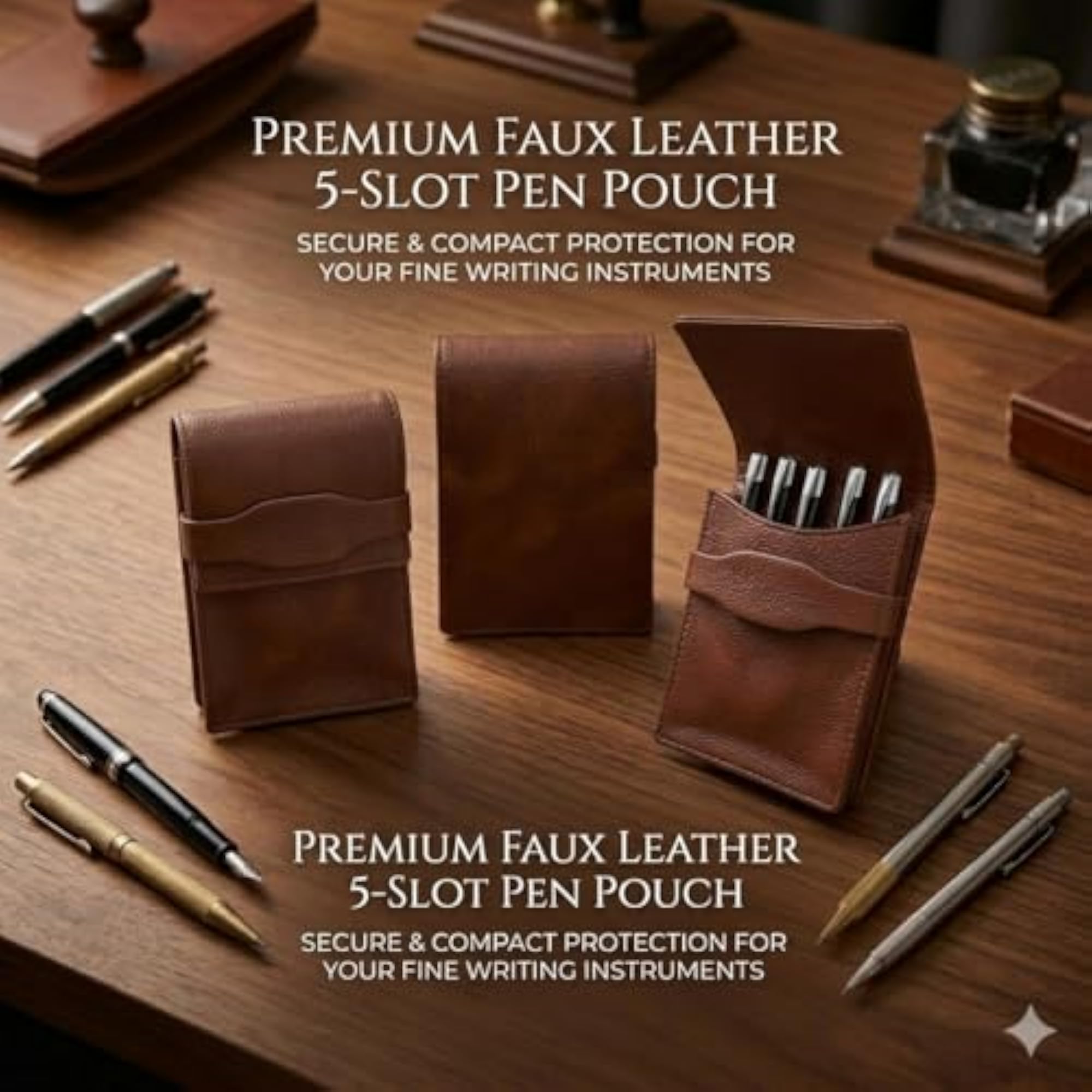 Faux Leather 5 Slots Pen Case, Pencil Pouch Holder