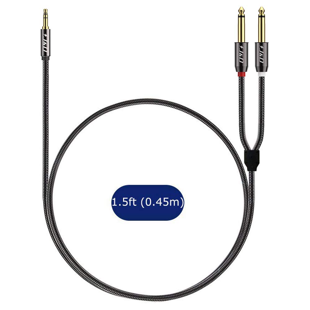 J&D 1/8 to 1/4 Stereo Cable, 3.5mm TRS to Dual 6.35mm TS Breakout Cable Y Splitter Cord for Amplifiers/Audio Mixer/Audio Recorder/MP3/MP4, Nylon Braid, Gold Plated Copper Shell, 1.5 Feet
