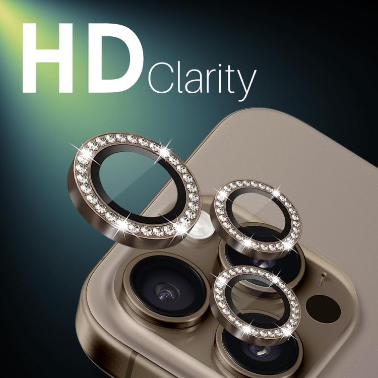 Image of Compatiable with iPhone 16 Pro / 16 Pro Max Camera Lens Protector Ring - Diamond Design | 9H Tempered Glass | HD Clear | Anti-Scratch | Anti-Drop Desert Titanium Diamond