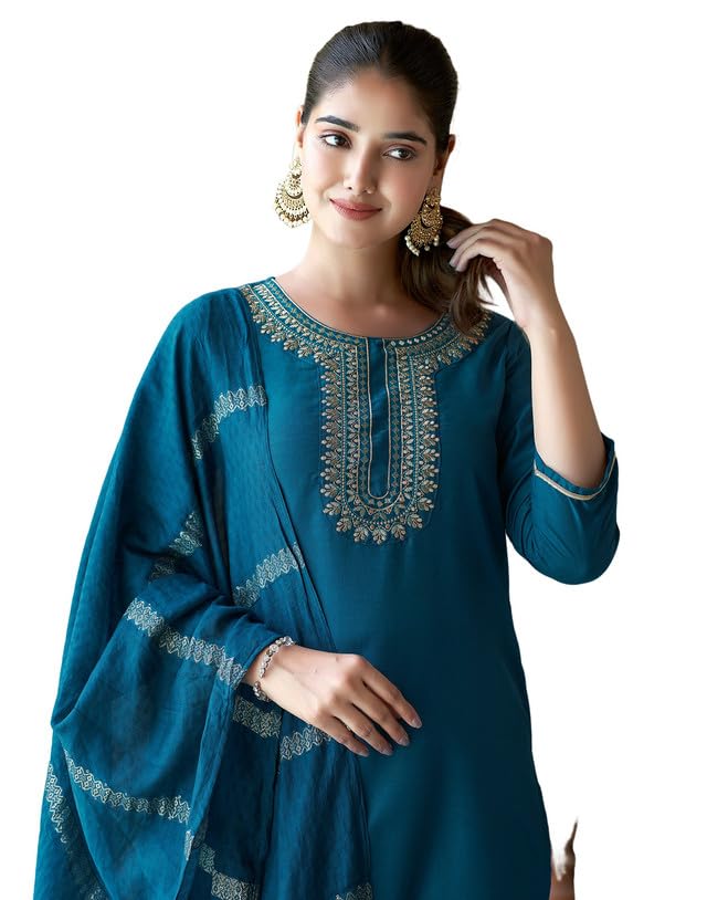 Image of SIRIL Women's Cotton Blend Suit Set for Women | Embroidery Kurta with Pant & Dupatta | Straight Kurta Set