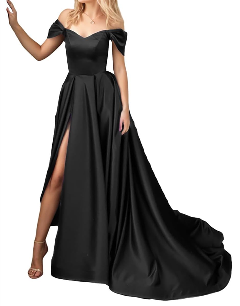 Wseyu Women's Black A-Line Bridesmaid Dresses For Wedding With Satin Pleated Long Wedding Guest Evening Ball Gowns Uk18