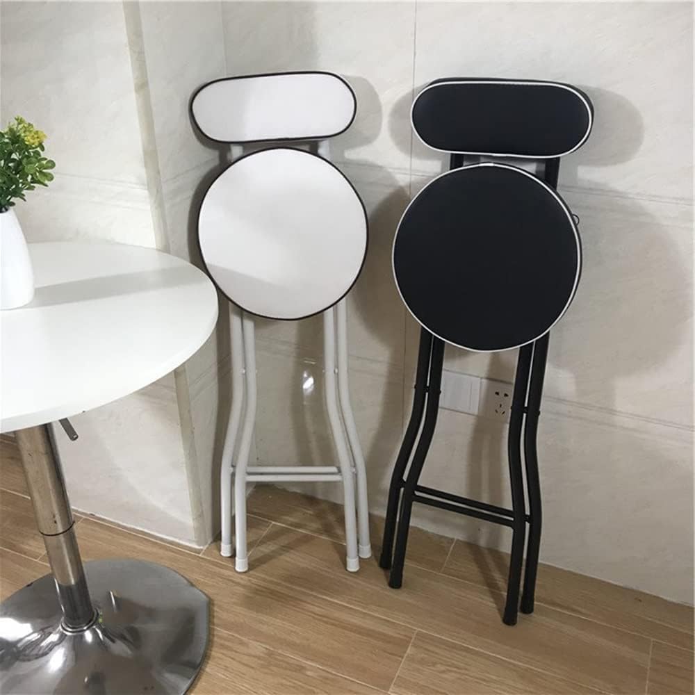 Metal Stool High Back Folding Stools with Footrest Indoor Armless Chairs Soft PU Leather Seat Round Tall - White (Color : Black, Size 65cm) (Black 65cm)