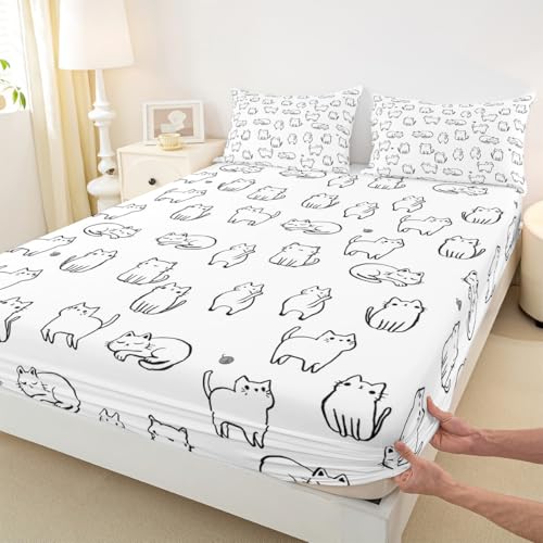 Image of Cartoon Cat Bed Sheet Set Twin Size,Kawaii Cats Pet Animals Sheet Set Kids Teens,Black and White Bedding Decor Set with 1 Flat & 1 Fitted Sheet with 1 Pillow Sham