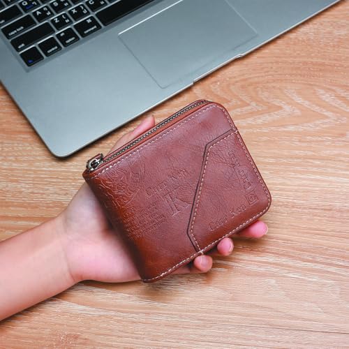 Image of Mens wallet Leather wallet men Wallet Zipper RFID Bifold Wallet for Men ID card Window Credit Card Coin Photo Multifunction Card Slots Gift for Him,brown-1