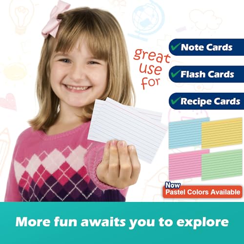 Cartões pautados coloridos 7 x 12 cm, 200 unidades, rosa pastel, verde, amarelo, azul, cores sortida