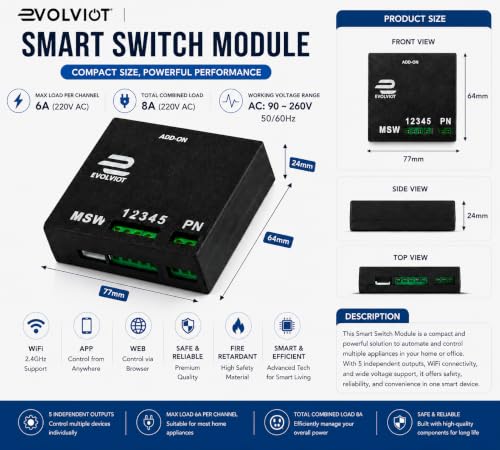 Image of 5 (4+1) Node Smart Switch Module Wi-Fi (Made in India) | 4 AC Outputs + 1 Dimmer Control | Alexa, Google Assistant, Siri Compatible | App, Web, Manual Control, | 2.4GHz & Local Wi-Fi (Black)