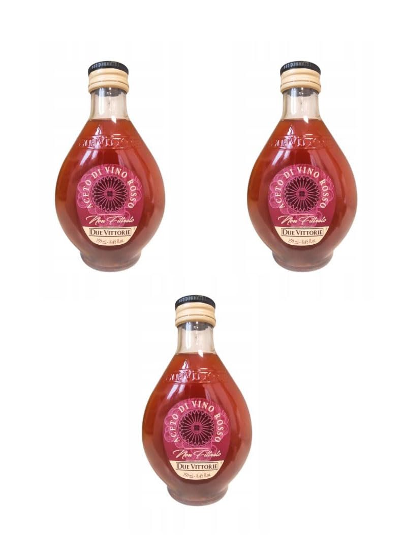 Due Vittorie Aceto di Vino Rosso Non Filtrato, 3 Bottiglie da 250ml, Fermentazione Spontanea, Naturalmente Torbido