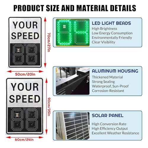 Señal de tráfico, señal de límite de Velocidad con energía Solar - LED Intermitente, detección inalámbrica de 244 Metros, Panel de Seguridad Vial de Aluminio Duradero y Resistente a la corro