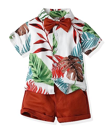 Image of Toddler Baby Boy Summer Clothes Set Floral Shirt Bow-tie Shorts Hawaiian Outfit
