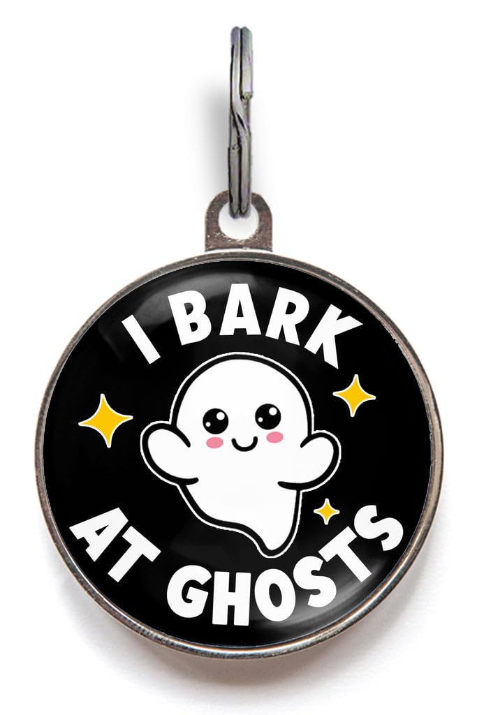 Funny Halloween Dog Tag – UK Made – Customised, 2 Sizes for Dogs & Cats – I Bark at Ghosts Design – Double-Sided, Waterproof Pet ID – Spooky Humorous Name Tag for Halloween