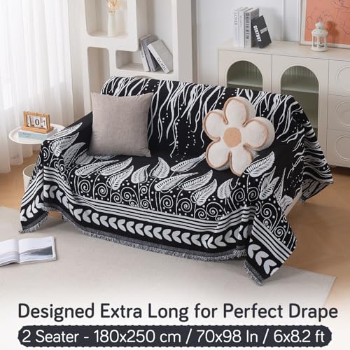 Image of HOKIPO 320 GSM Chenille Sofa Throw Blanket for 2 Seater Sofa - Printed All-Season Sofa Cover, 'Serene Abode Series' Black Fern Tribal (180x250 cm) (AR-6632-D4)