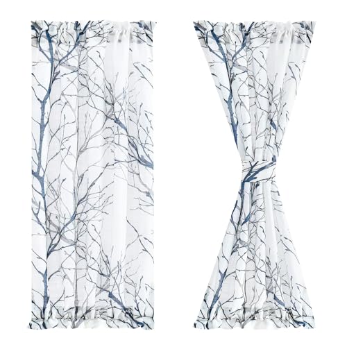 Image of FMFUNCTEX French Door Curtains 72 Inches Long Blue and White Semi-Sheer Panel with Matching Tie-Back for Front Doors 50 Inches Wide