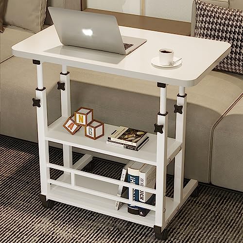 Home Office Desk, Height Adjustable Laptop Table with Shelf, Portable Small Computer Desk with Rolling Wheel, Modern Side Table for Work Study Reading,Stable and Durable (White)