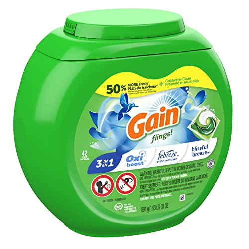 Image of Gain flings Laundry Detergent Soap Pacs, HE Compatible, 42 Count, Long Lasting Scent, Blissful Breeze Scent