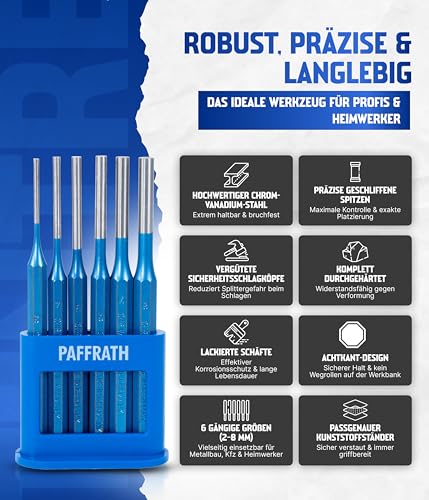 Paffrath® Splintentreiber Set 6-teilig (2–8 mm) – Durchschlag Set aus Chrom-Vanadium-Stahl – Präzise geschliffene Spitzen – Robuste, lackierte Schäfte – Made in Germany
