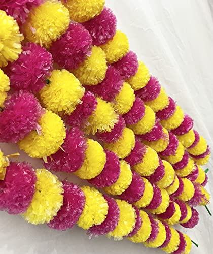 Image of SPHINX Artificial Marigold Fluffy Flower Garlands (Yellow & Rani Pink, 5 Pieces)
