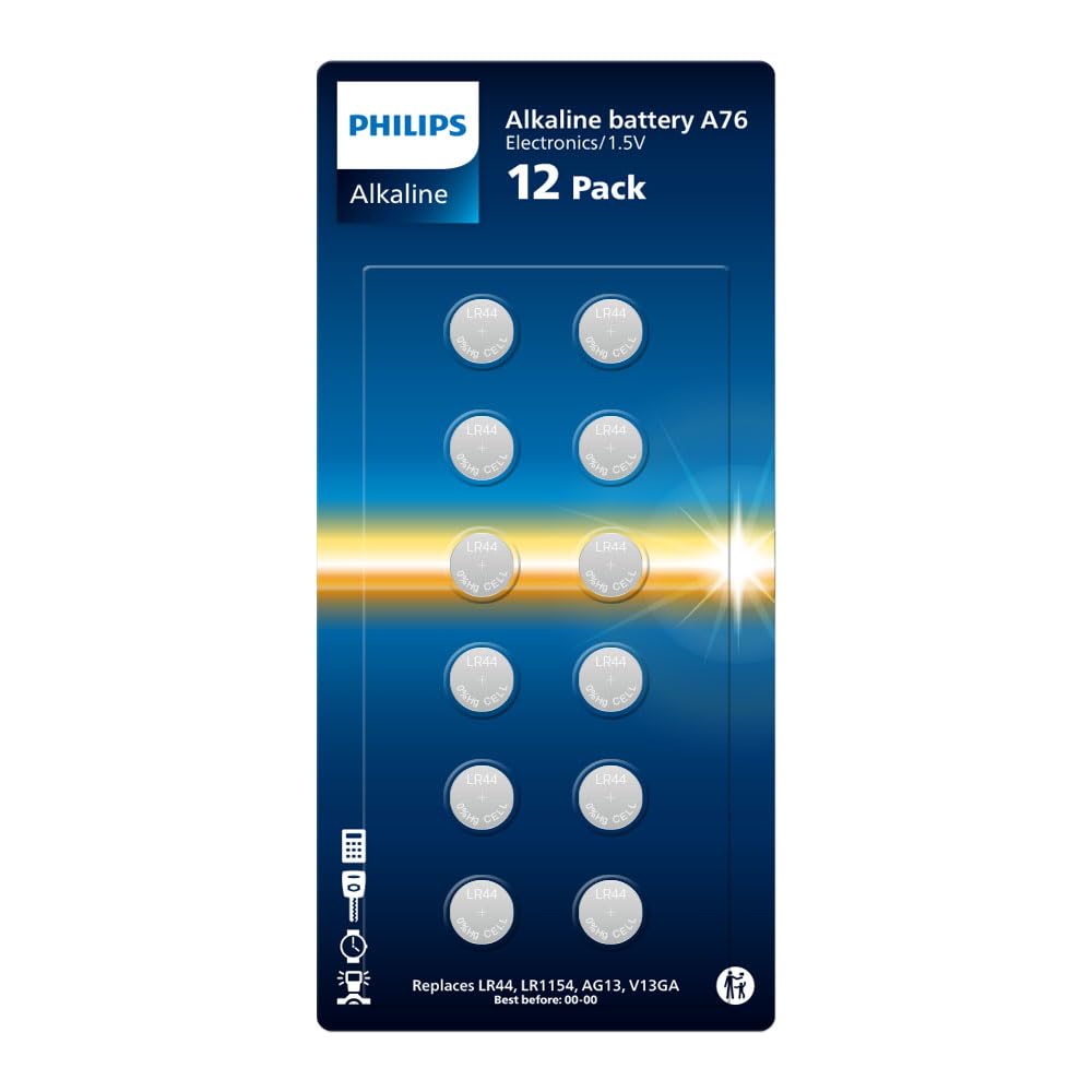 Philips Alkali 1 Volt A76 Batterien - Ideal für Uhren, Taschenrechner und kleine Elektrogeräte, 12 Stück