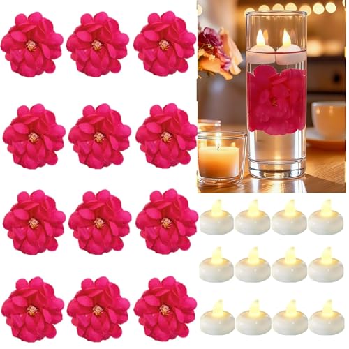 Qazcnd 24 Pack Flameless Led Floating Candles and Floating Artificial Flower Battery Operated Waterproof Tea Lights for Cylinder Vases Centerpieces at Wedding Party Pool Decor Rosered