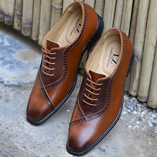 Image of LIBERTYZENO Mens Burnished Toe Genuine Leather Adults Lace Up Oxford Dress Shoes for Easter Gift