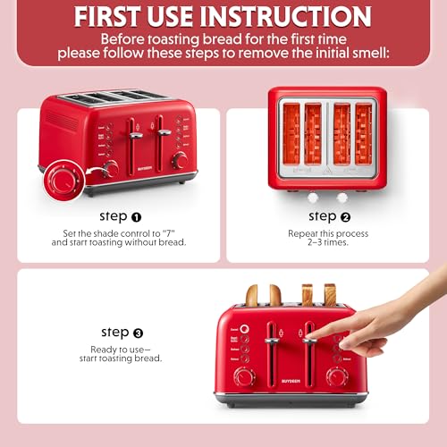 Image of BUYDEEM DT640 4-Slice Toaster, Extra Wide Slots, Retro Stainless Steel with High Lift Lever, Bagel and Muffin Function, Removal Crumb Tray, 7-Shade Settings,Red