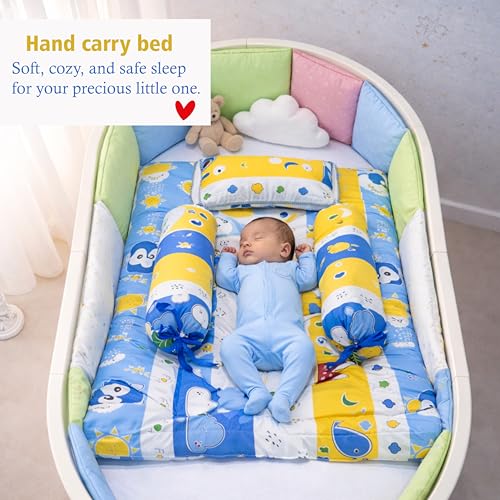 Image of Fareto Combo of Baby Bed with Net | Carry Bag | 4 Pcs Bedding Set (0-6 Months, Baby Size, Cotton) (Blue Fox)