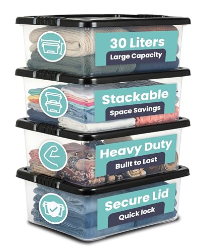 TANNESS - 2 Pack 30L Underbed Storage Boxes with Lids | Clear Plastic Storage Containers with Black Lids | Stackable Storage Boxes for Home, Office, and Kitchen Organization