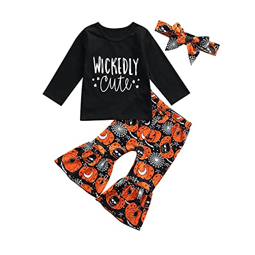 Hnyenmcko Baby Girl Halloween Clothes Set Long Sleeve Letter Tops Pumpkin Bell-Bottoms Pants with Headband 3Pcs Fall Outfits (Black, 2-3T)
