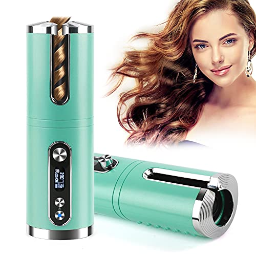 Cordless Hair Curler, Automatic Curling Iron with LCD Display Adjustable Temperature & Timer, Portable USB Rechargeable Rotating Ceramic Barrel Hair Curler Fast Heating