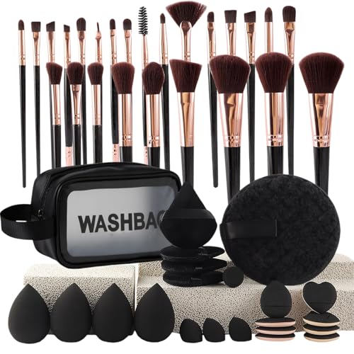 Juego de brochas de maquillaje con estuche | Juego de 47 brochas de maquillaje - Herramientas cosméticas para mujer, esponjas de maquillaje portátiles para ojos, aplicador de base para mujeres