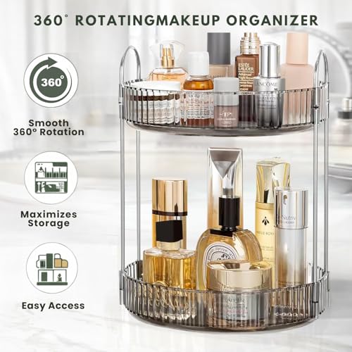 Image of 360 Rotating Makeup Organizer for Dressing Table, Cosmetic & Skincare Organizer Shelf with Drawers, Perfume & Lipstick Holder Stand, Beauty Vanity Organiser Box (Pearl Grey, 2 Layer)