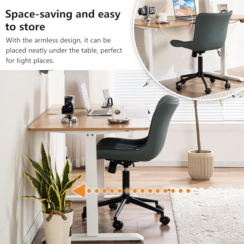 Image of YOUNIKE Office Desk Chair with Wheels Armless Vanity Chair Greyish Green | Faux Leather Upholstered with Rocking Back, Swivel Height Adjustable Small Cute Computer Rolling Task Chair Ergonomic 300lb