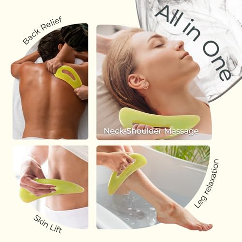 Image of Scienlodic Gua Sha Massage Tool with Handle (Resin) Larger Guasha Body Scraping Tool for Back Legs Neck Massage, Lymphatic Drainage, Cellulite Remove - Large Yellow-Green